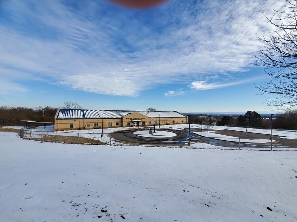 elementary school covered in snow