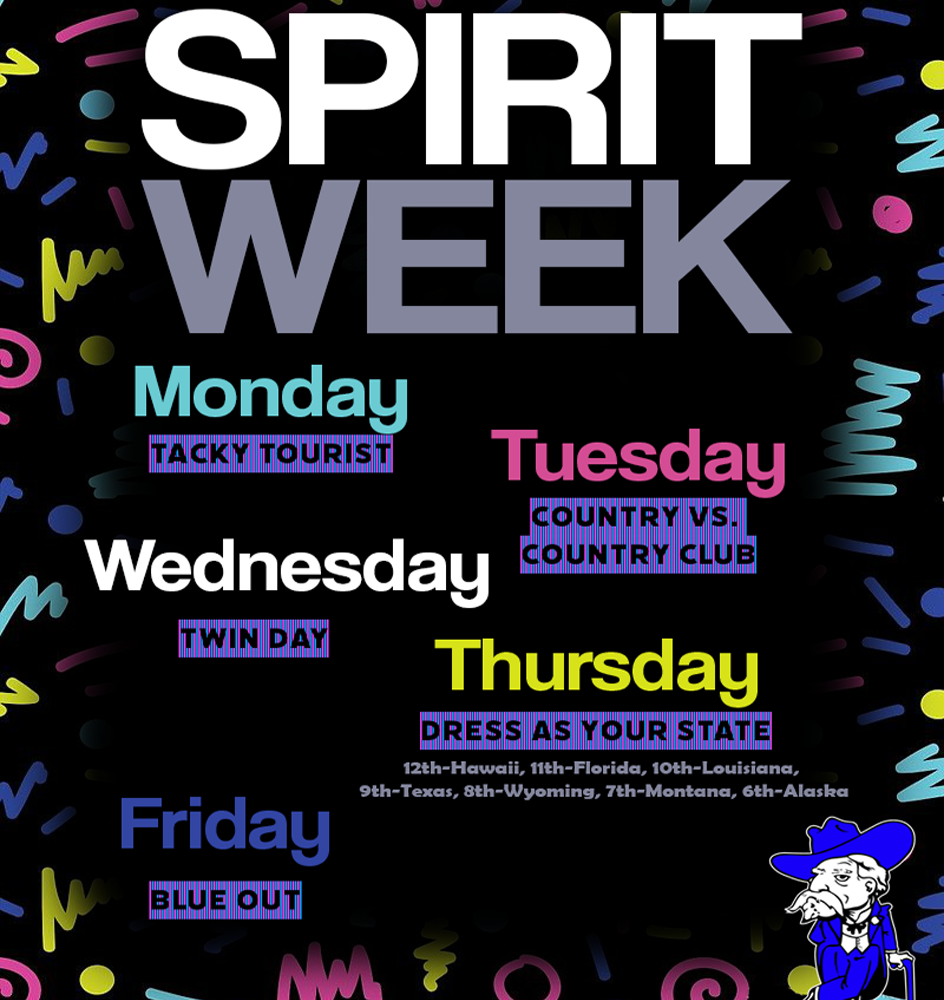 Homecoming Spirit Week Dress-Up Days  Monday - Tacky Tourist Tuesday - Country vs Country Club Wednesday - Twin Day Thursday - State Day Dress Like specific state Friday - Blue Out