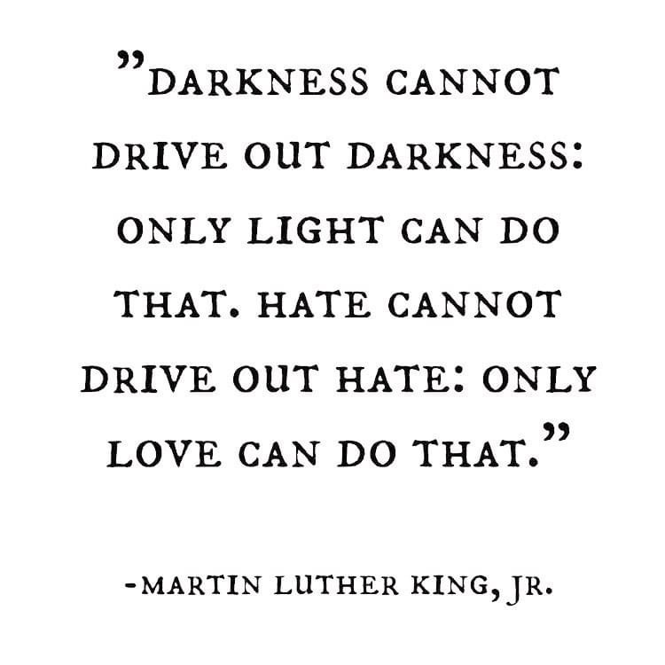 “Returning hate for hate multiplies hate, adding deeper darkness to a night already devoid of stars. Darkness cannot drive out darkness; only light can do that. Hate cannot drive out hate; only love can do that.”